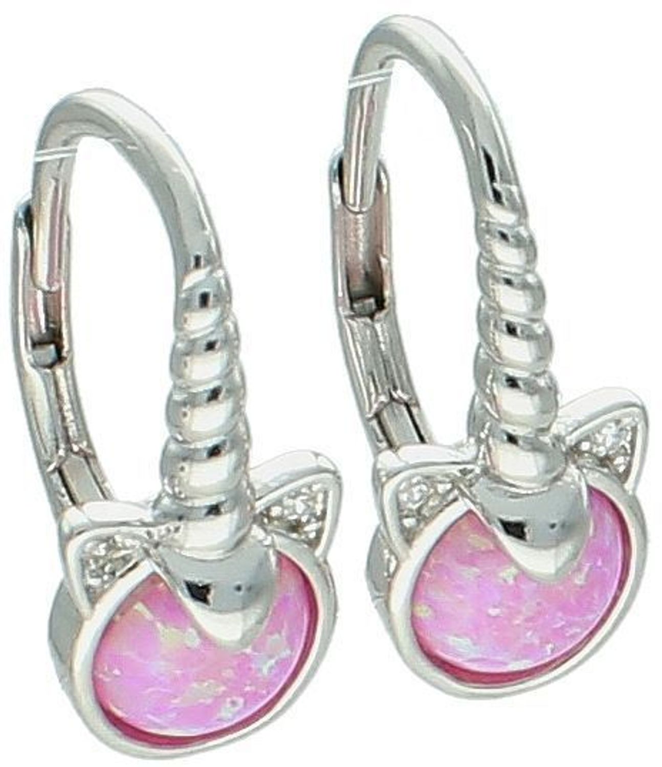 Urocze kolczyki jednorożce MINET z rodowanego srebra próby 925, ozdobione różowymi opalami i białymi cyrkoniami. Idealne dla małych miłośniczek bajkowych dodatków.11.jpg