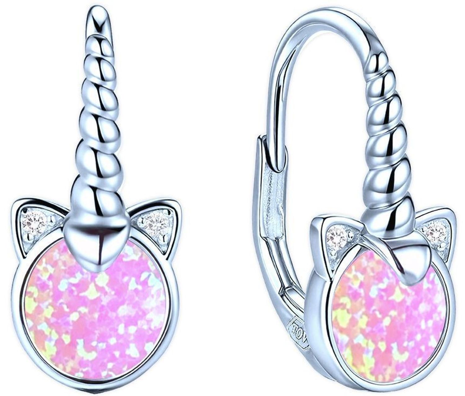 Urocze kolczyki jednorożce MINET z rodowanego srebra próby 925, ozdobione różowymi opalami i białymi cyrkoniami. Idealne dla małych miłośniczek bajkowych dodatków.11.jpg