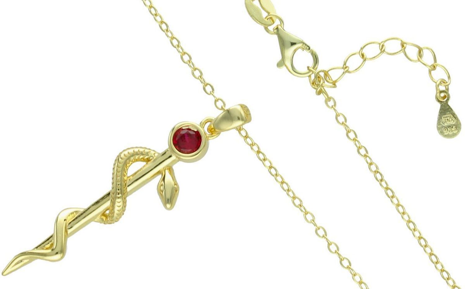 Naszyjnik damski pozłacany JMAN0299GN ze srebra 925 z zawieszką Laska Eskulapa i czerwoną cyrkonią. Długość 42+3 cm, waga 4,10 g. Idealny prezent dla lekarki lub studentki medycyny – elegancja 1.jpg