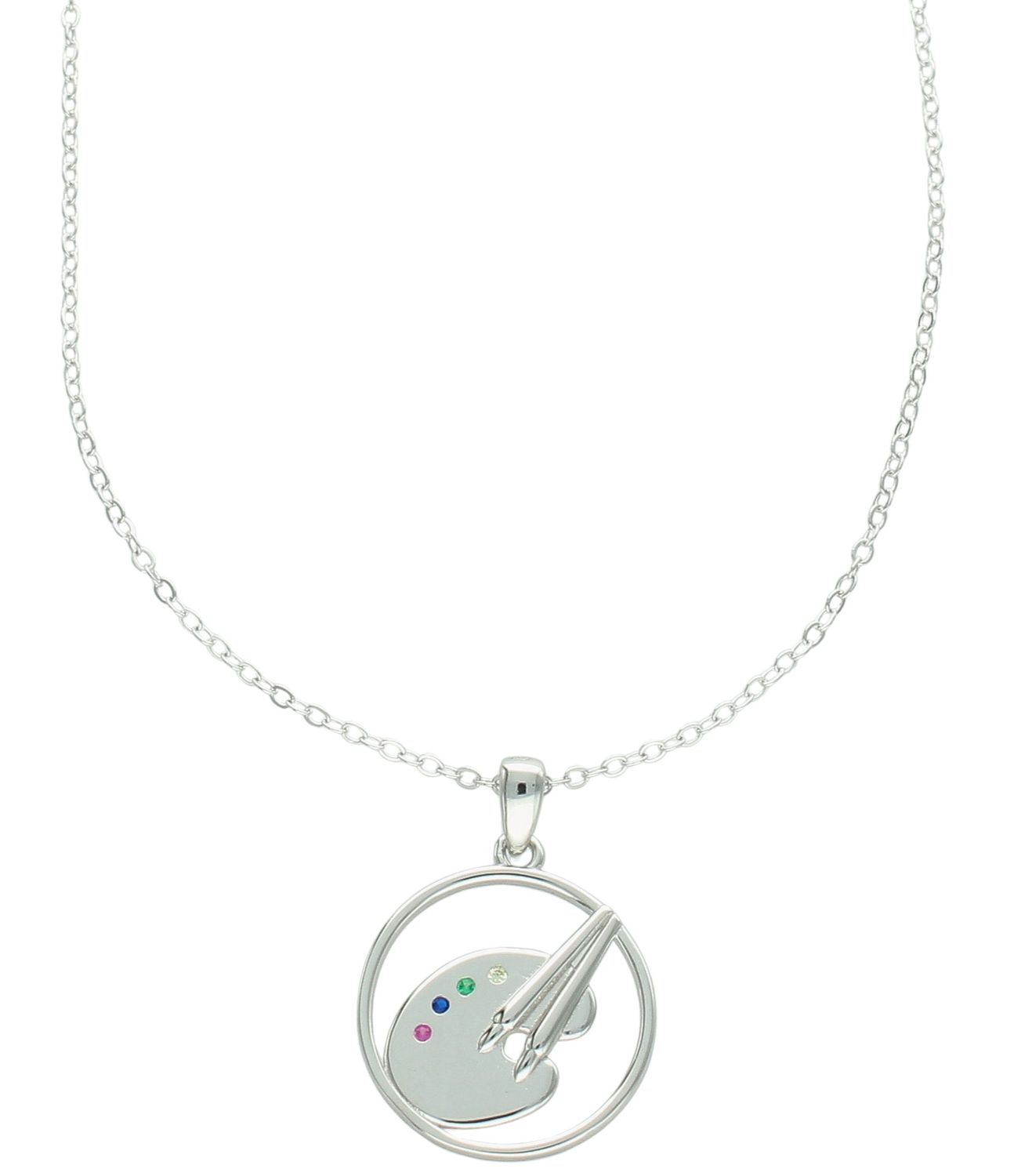 Elegancki srebrny naszyjnik damski JMAN0333SN45 z zawieszką w kształcie palety malarskiej ozdobioną kolorowymi cyrkoniami. Długość regulowana 42 cm + 3 cm, idealny na prezent i codzienne stylizacje.1.jpg