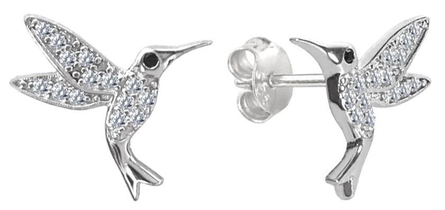 Kolczyki srebrne MINET w kształcie kolibrów z białymi cyrkoniami. Powierzchnia rodowana, zapięcie na sztyft. Wymiary 12x11 mm, waga 1,5 g. Elegancka i symboliczna biżuteria.1.jpg