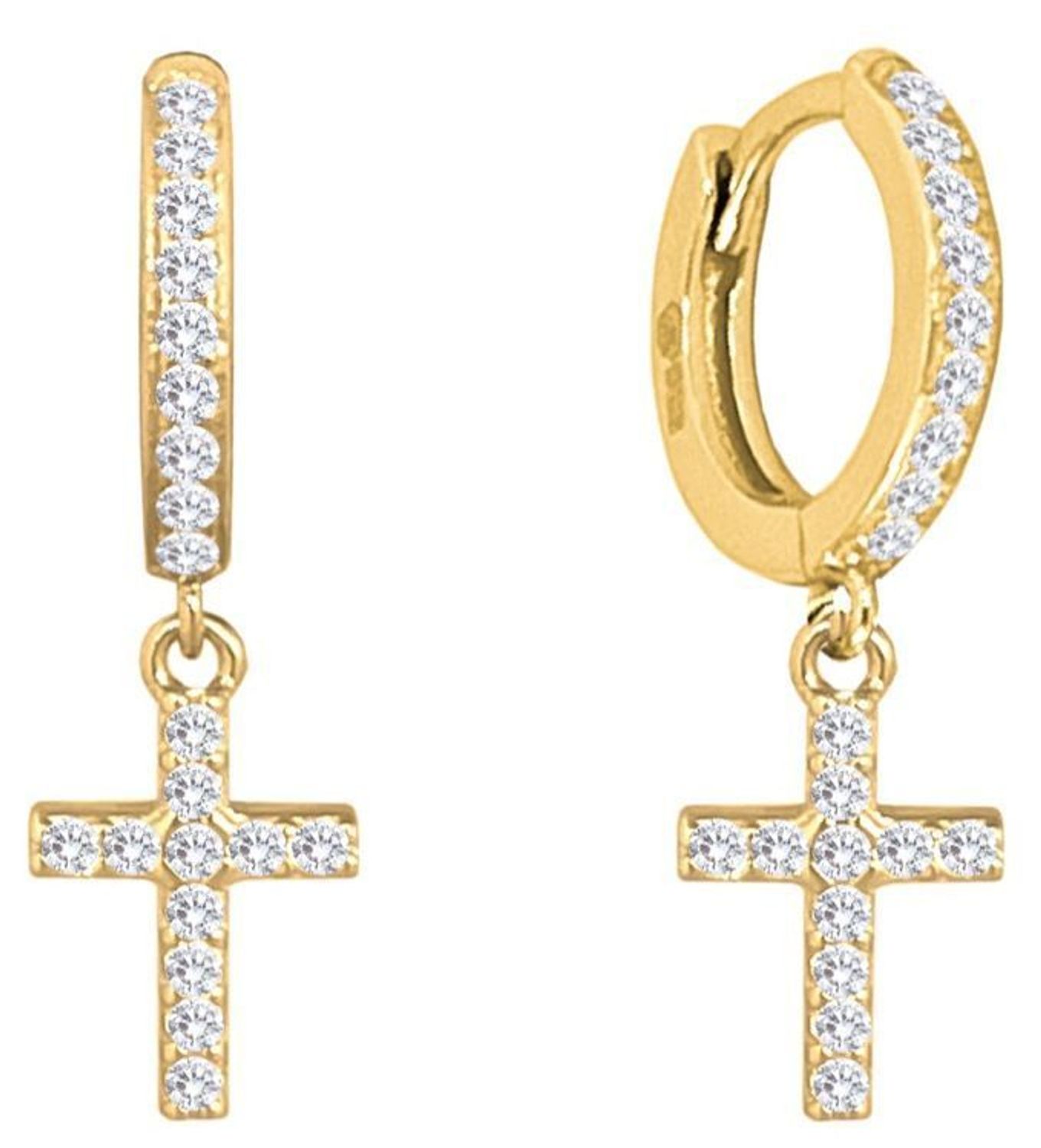 Eleganckie pozłacane kolczyki krzyże marki MINET z białymi cyrkoniami. Wykonane z srebra próby 925, pokryte trwałym złoceniem 14K. Zapięcie na zatrzask, wymiary 23x8 mm, waga 2,3 g.1.jpg