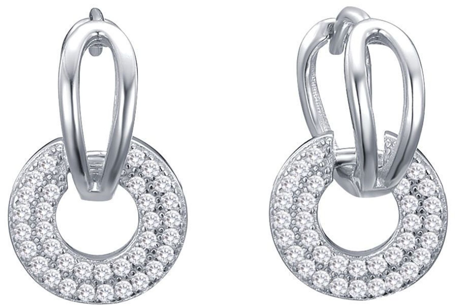 Ekskluzywne kolczyki srebrne podwójne kółka marki MINET z lśniącymi białymi cyrkoniami, wykonane z rodowanego srebra próby 925. Idealne na co dzień i na specjalne okazje.1.jpg