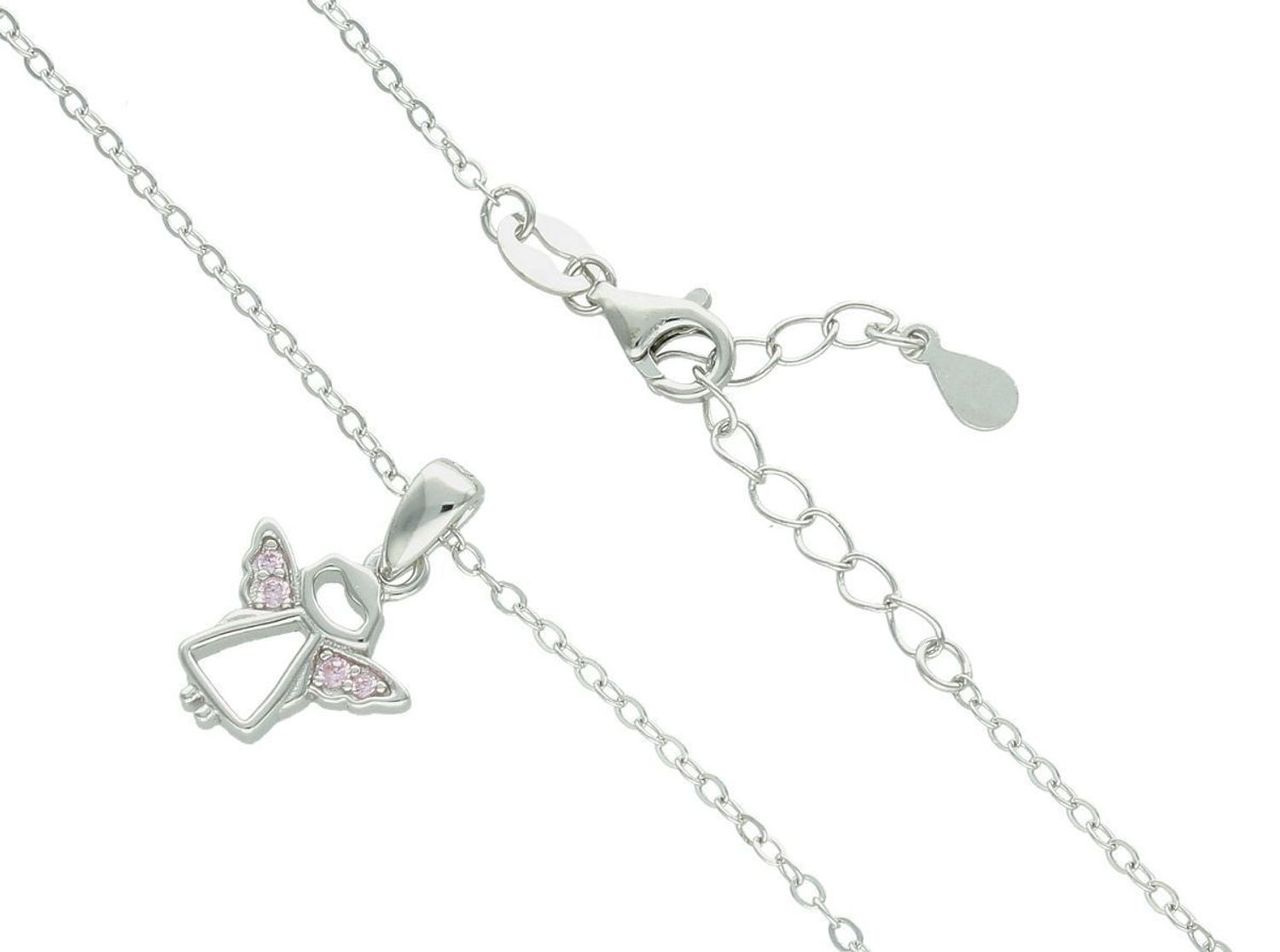 MINET srebrny naszyjnik z aniołkiem ozdobionym różowymi cyrkoniami. Delikatna biżuteria dla dziewczynki – Ag 925, długość 41+4 cm. Idealny na prezent.1.jpg