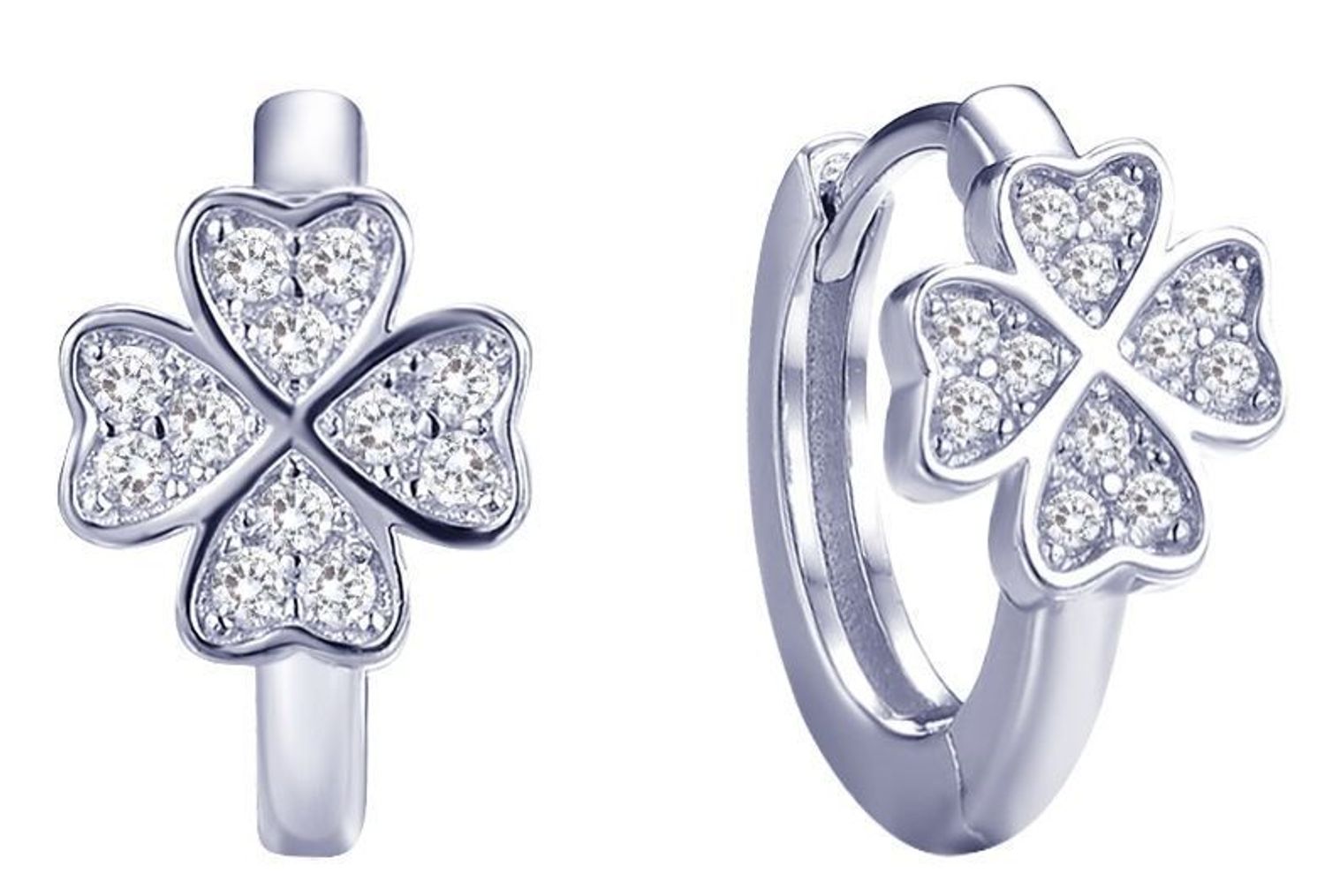 Kolczyki srebrne MINET w kształcie koniczyny, zdobione białymi cyrkoniami. Wykonane ze srebra próby 925, rodowane, zapięcie na zatrzask. Średnica 12 mm, waga 2,6 g.1.jpg