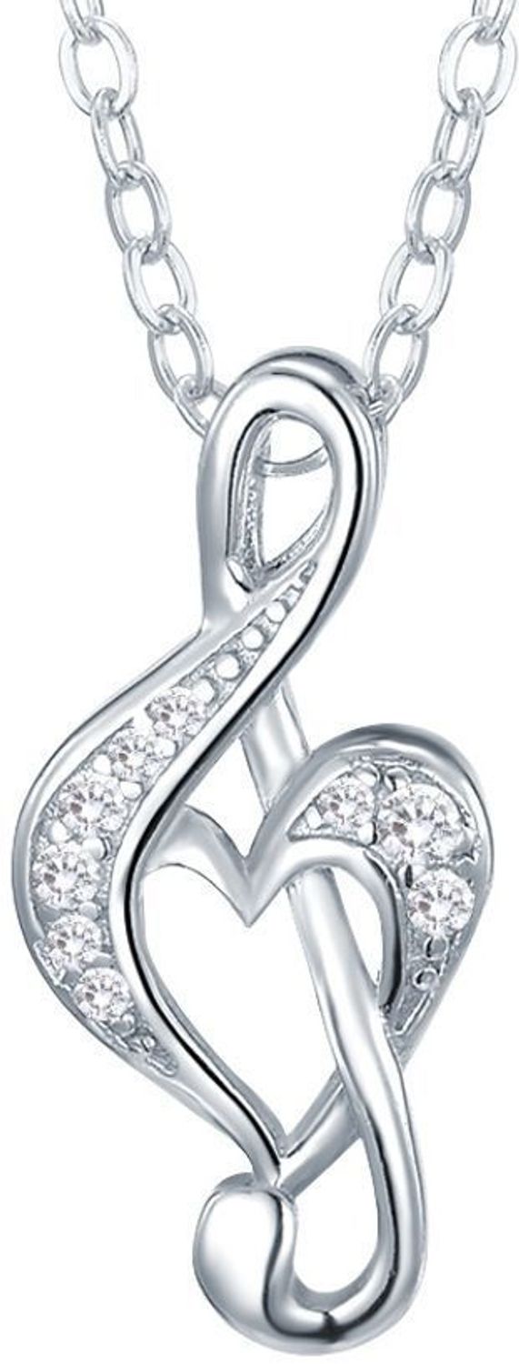 Srebrny naszyjnik MINET z kluczem wiolinowym i białymi cyrkoniami. Wykonany z rodowanego srebra Ag 925. Idealny dla miłośniczki muzyki – subtelny i elegancki.1.jpg