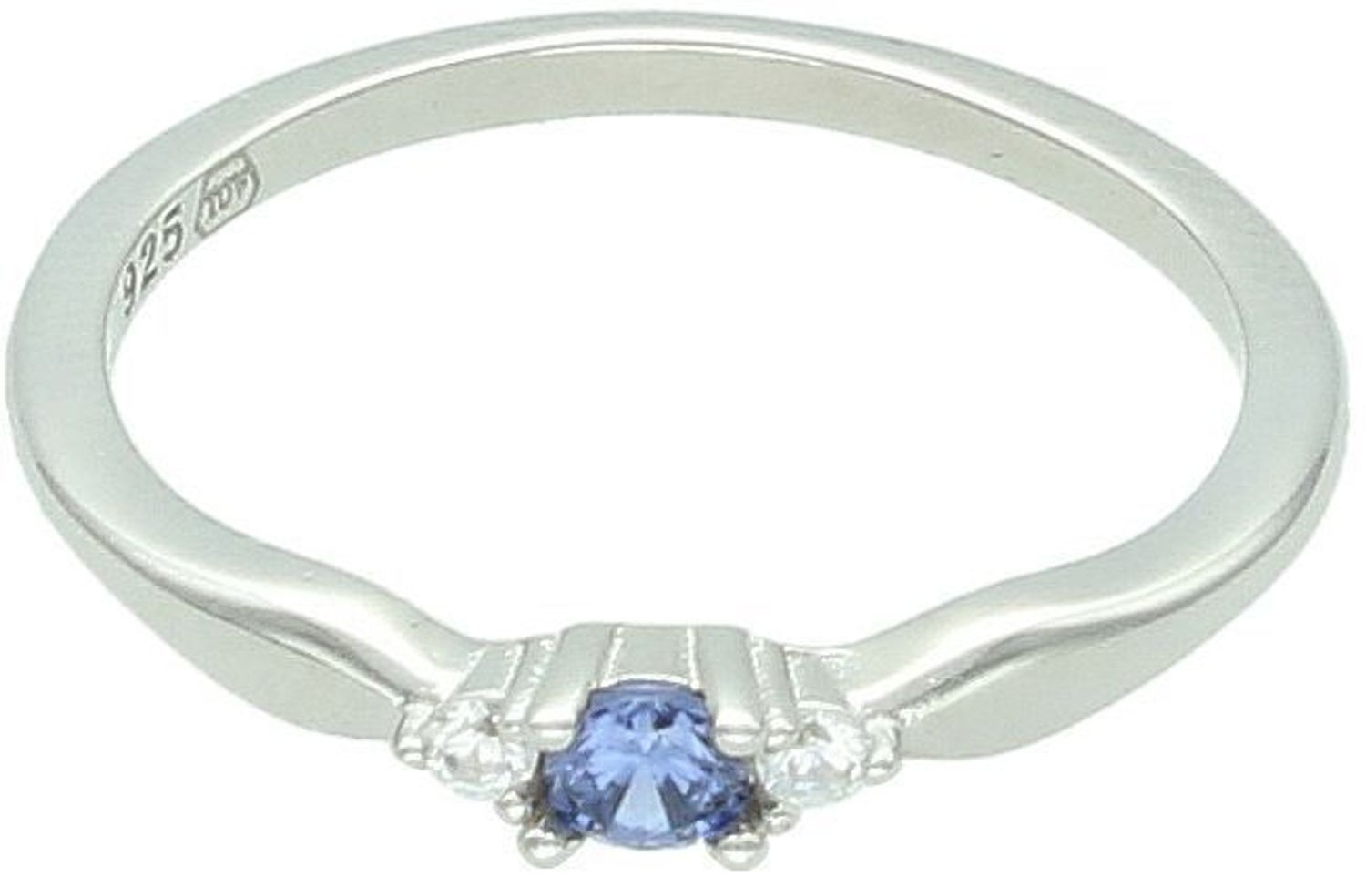 Subtelny srebrny pierścionek JMAS0285BR z niebieską i białą cyrkonią. Wykonany ze srebra próby 925, szerokość ozdobnego elementu 7×2 mm.1.jpg