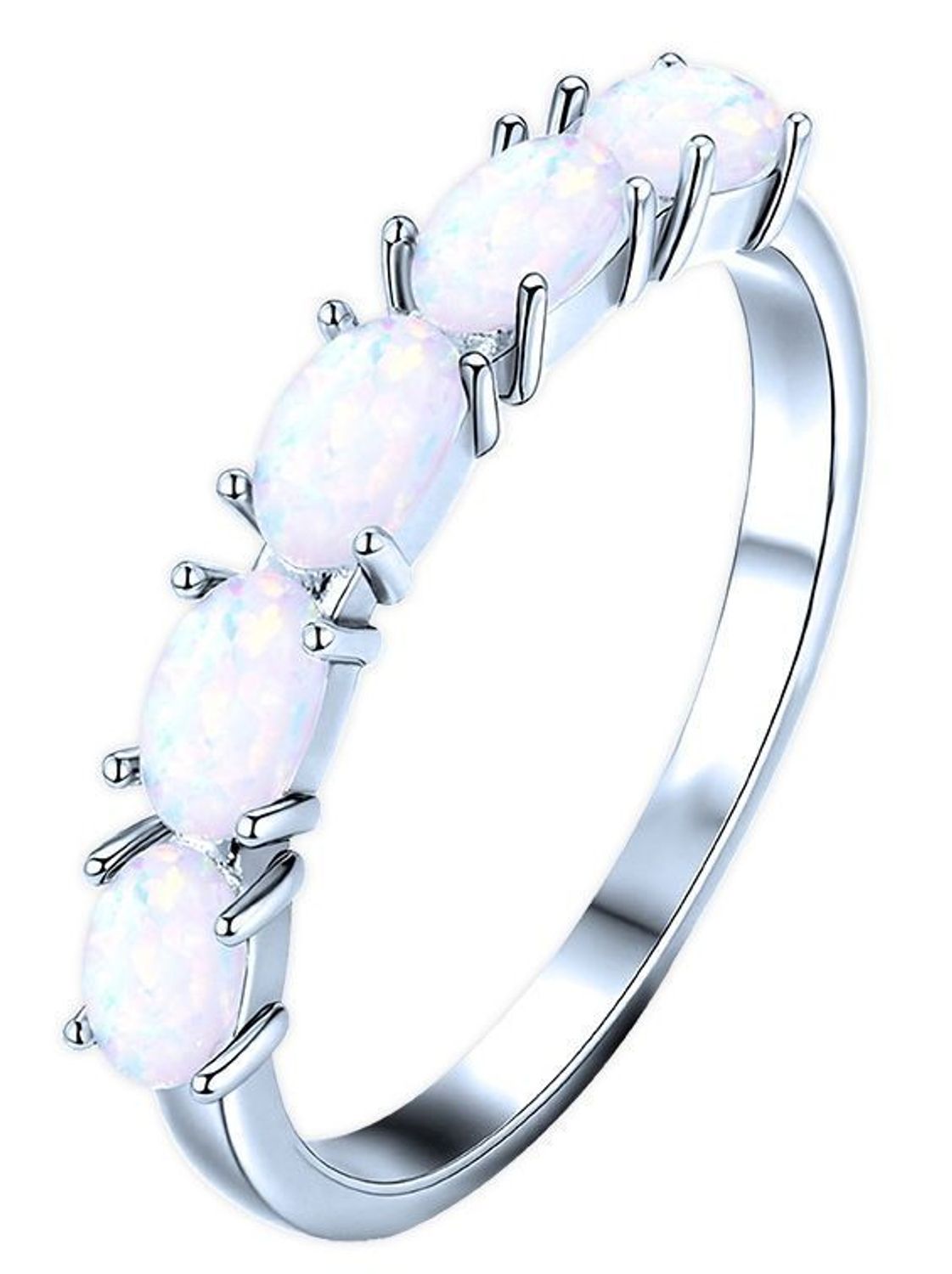 Elegancki pierścionek MINET z rodowanego srebra zdobiony syntetycznymi białymi opalami. Lekki i wygodny, o szerokości 1,5-3,5 mm i wadze 2,40 g. Idealny na co dzień i na wyjątkowe okazje.1.jpg