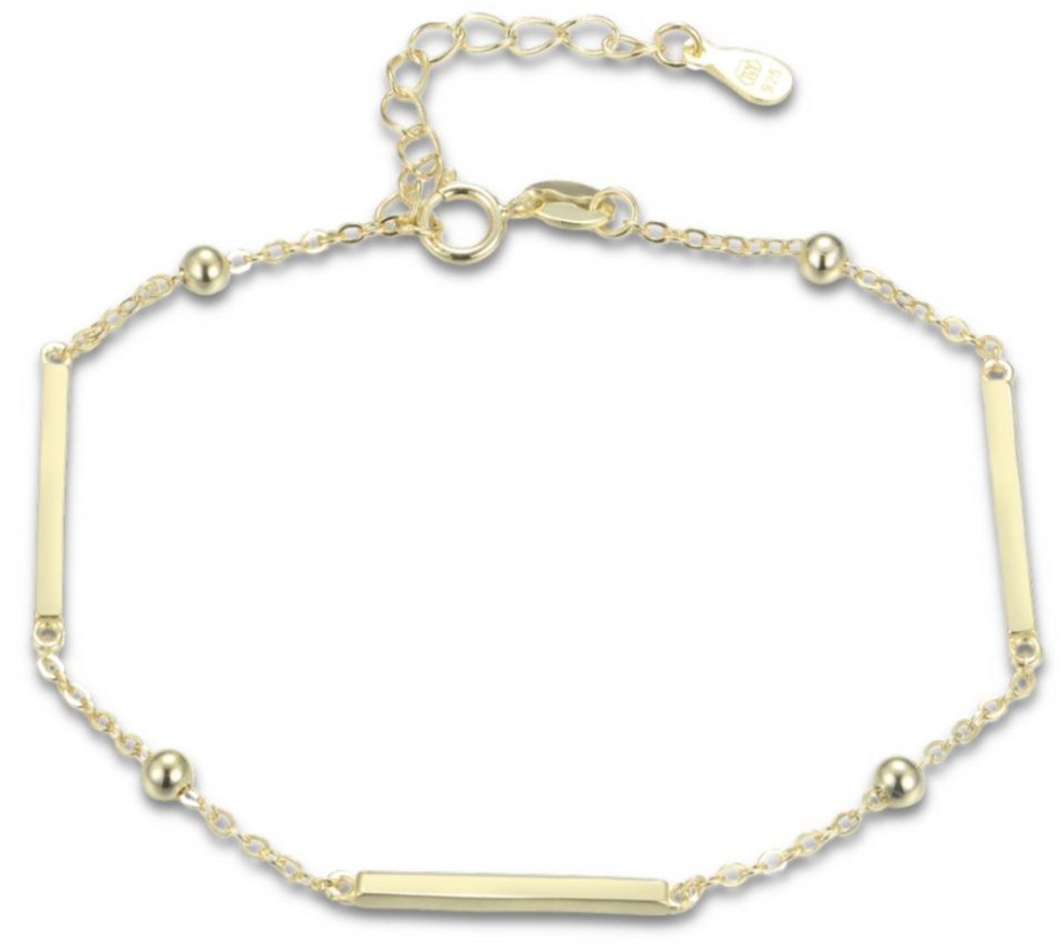 Pozłacana bransoletka damska MINET ze srebra próby 925, ozdobiona prętami i kulkami. Trwałe złocenie 14K z e-coating, elegancki styl na każdą okazję.1.jpg