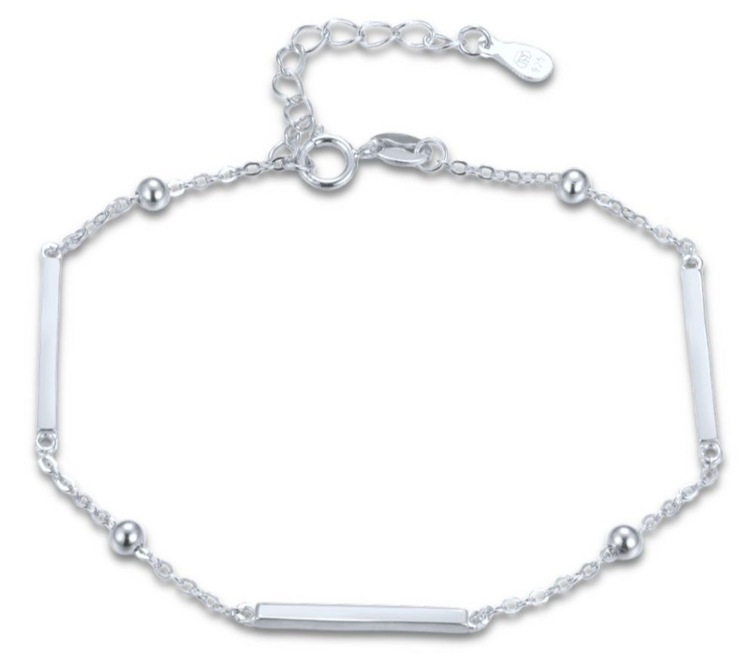 Elegancka srebrna bransoletka damska MINET z prętami i kulkami, rodowana. Regulowana długość 17+3 cm, idealna na co dzień i na specjalne okazje.1.jpg