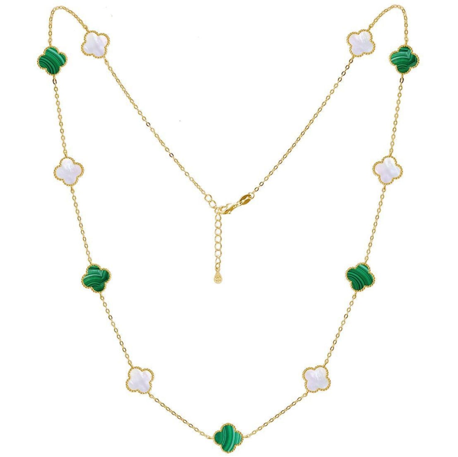 Pozłacany naszyjnik damski z koniczynką z masy perłowej i malachitu. Srebro 925, długość 60 cm, waga 3,05 g. Elegancki, symboliczny i idealny na prezent.1.jpg