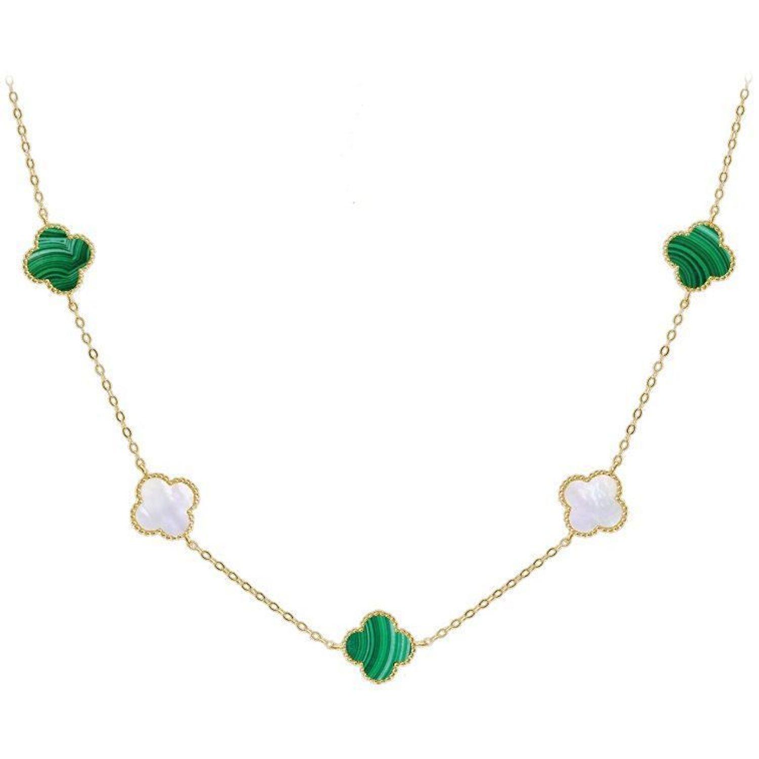 Pozłacany naszyjnik damski z koniczynką z masy perłowej i malachitu. Srebro 925, długość 60 cm, waga 3,05 g. Elegancki, symboliczny i idealny na prezent.1.jpg