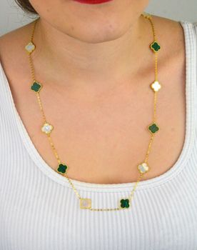 Pozłacany naszyjnik damski z koniczynką z masy perłowej i malachitu. Srebro 925, długość 60 cm, waga 3,05 g. Elegancki, symboliczny i idealny na prezent (1).JPG