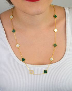 Pozłacany naszyjnik damski z koniczynką z masy perłowej i malachitu. Srebro 925, długość 60 cm, waga 3,05 g. Elegancki, symboliczny i idealny na prezent (5).JPG