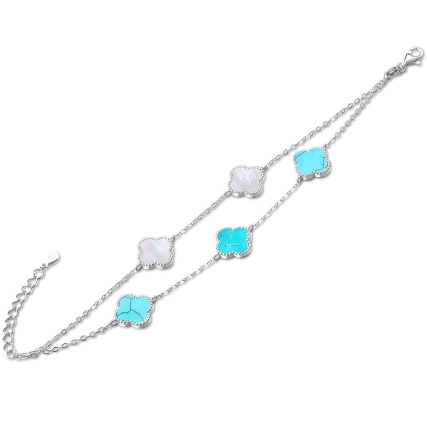 Srebrna bransoletka damska 925 koniczynka z białą masą perłową i turkusem JMAS7043TB16. Srebrna bransoletka damska. Srebrna bransoletka z koniczynką. Bransoletka damska z turkusem i masą perłową. Bransoletka na prezent..jpg