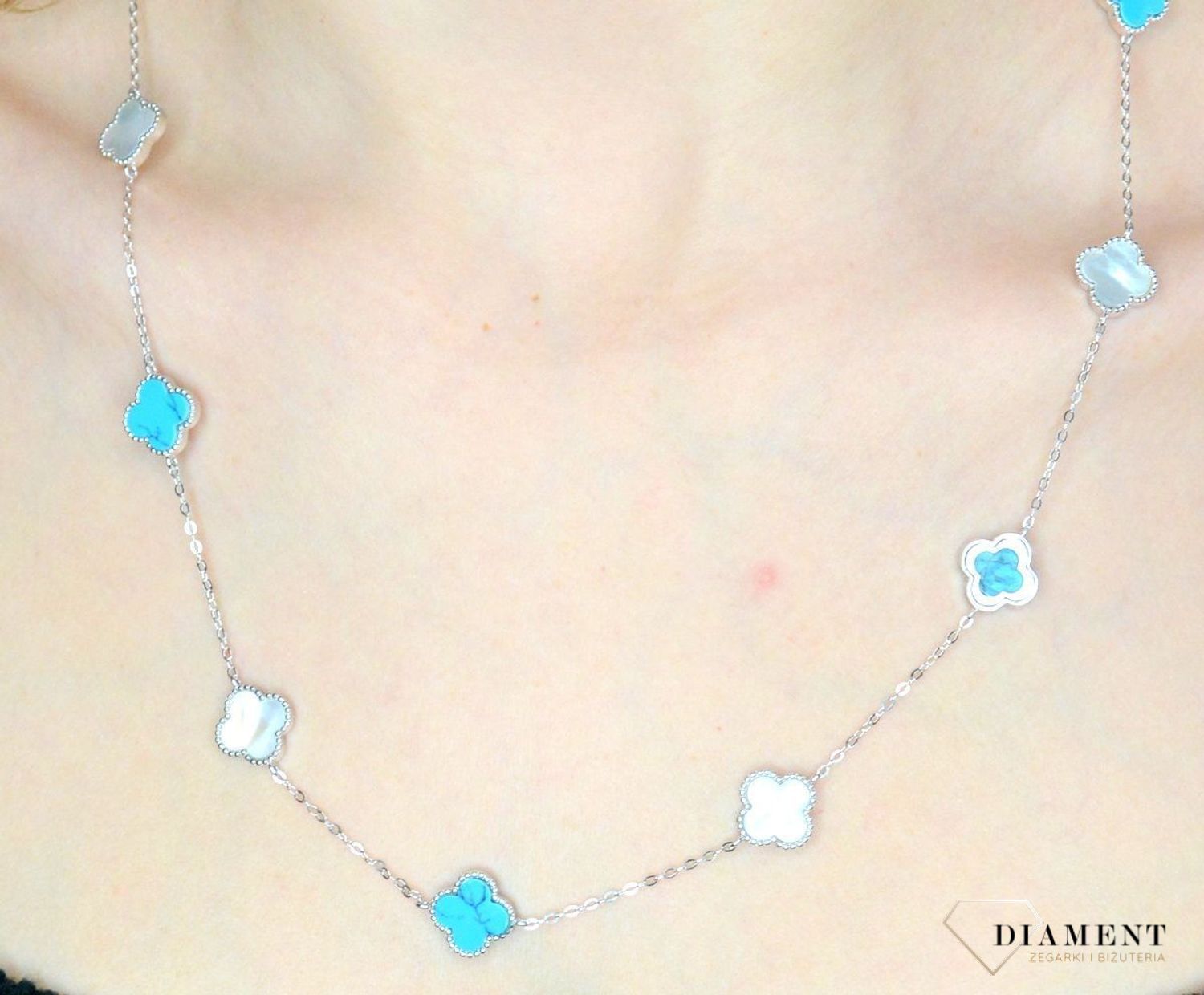 Srebrny naszyjnik damski 925 koniczynka z białą masą perłową i turkusem JMAS7043TN60. Srebrny naszyjnik damski. Naszyjnik damski z koniczynką. Naszyjnik z masą perłową i turkusem. Naszyjnik damski koniczynka na prezent (2).jpg