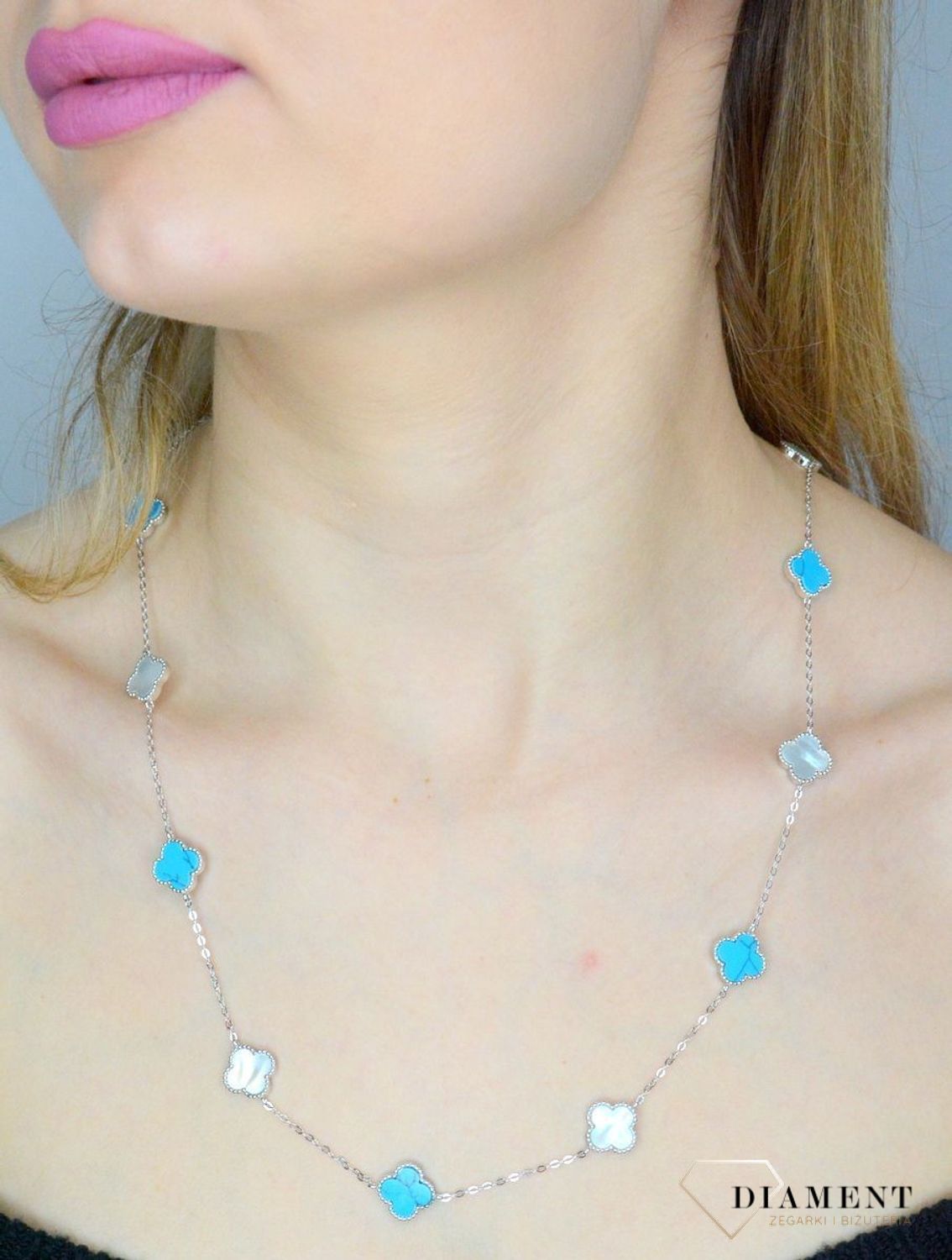 Srebrny naszyjnik damski 925 koniczynka z białą masą perłową i turkusem JMAS7043TN60. Srebrny naszyjnik damski. Naszyjnik damski z koniczynką. Naszyjnik z masą perłową i turkusem. Naszyjnik damski koniczynka na prezent (2).jpg
