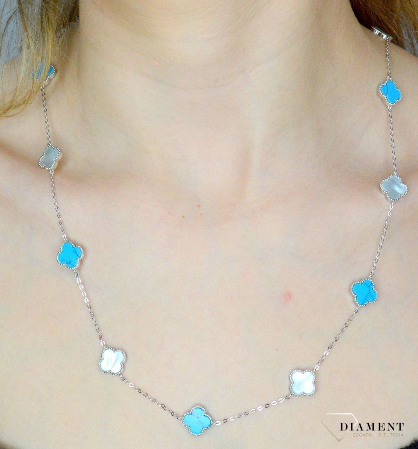 Srebrny naszyjnik damski 925 koniczynka z białą masą perłową i turkusem JMAS7043TN60. Srebrny naszyjnik damski. Naszyjnik damski z koniczynką. Naszyjnik z masą perłową i turkusem. Naszyjnik damski koniczynka na prezent (2).jpg