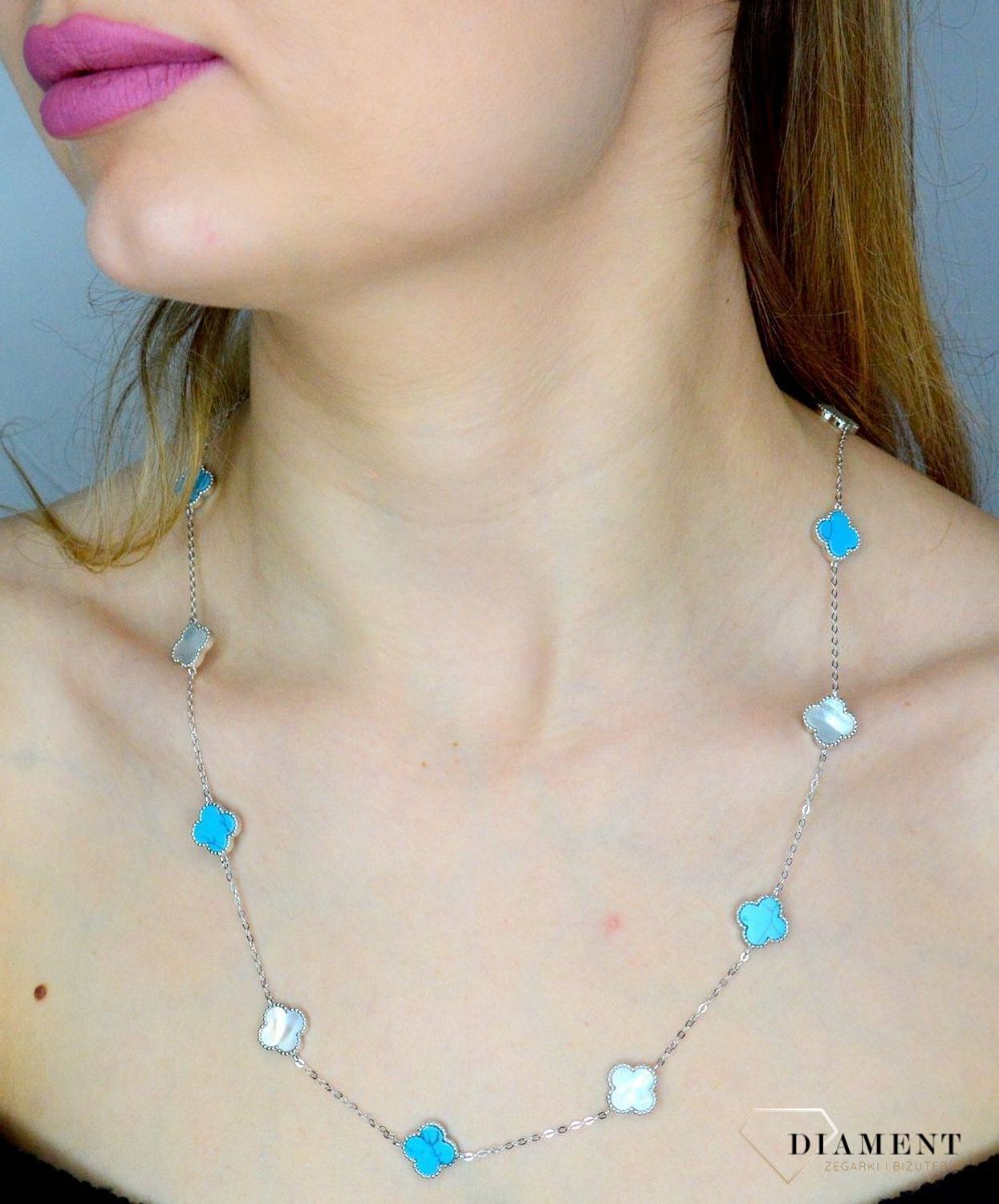 Srebrny naszyjnik damski 925 koniczynka z białą masą perłową i turkusem JMAS7043TN60. Srebrny naszyjnik damski. Naszyjnik damski z koniczynką. Naszyjnik z masą perłową i turkusem. Naszyjnik damski koniczynka na prezent (2).jpg