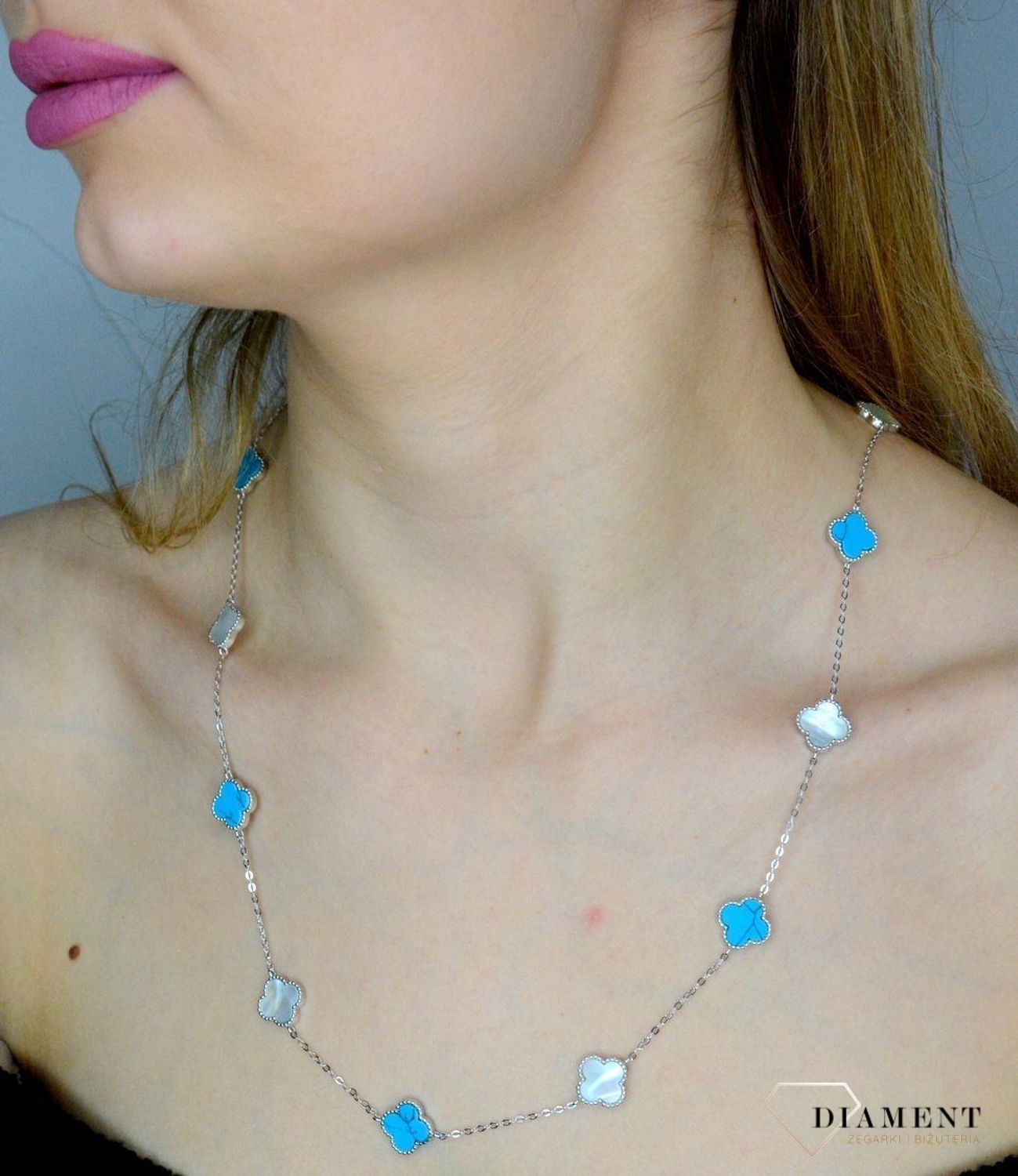 Srebrny naszyjnik damski 925 koniczynka z białą masą perłową i turkusem JMAS7043TN60. Srebrny naszyjnik damski. Naszyjnik damski z koniczynką. Naszyjnik z masą perłową i turkusem. Naszyjnik damski koniczynka na prezent (2).jpg