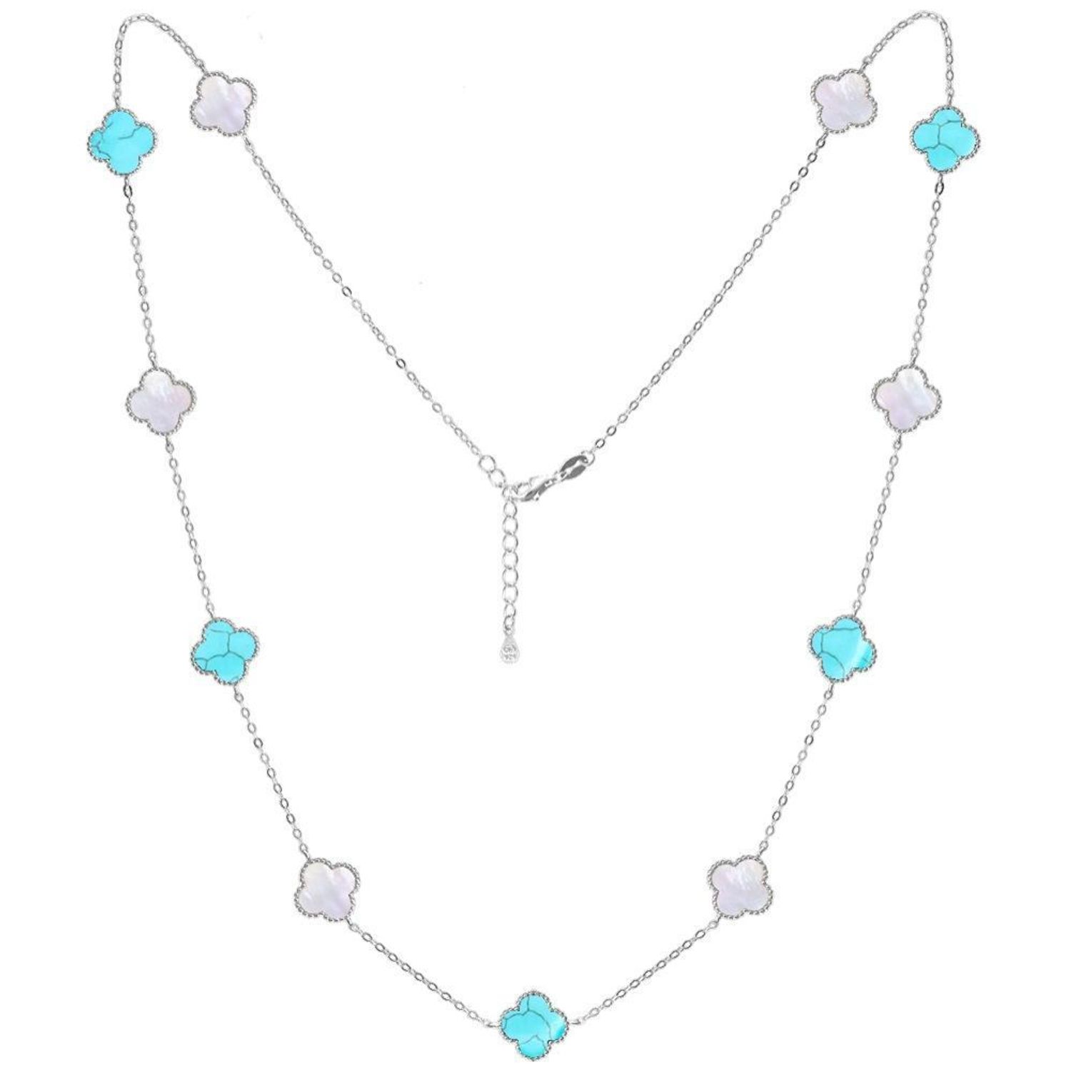 Srebrny naszyjnik damski 925 koniczynka z białą masą perłową i turkusem JMAS7043TN60. Srebrny naszyjnik damski. Naszyjnik damski z koniczynką. Naszyjnik z masą perłową i turkusem. Naszyjnik damski koniczynka na prezent (2).jpg