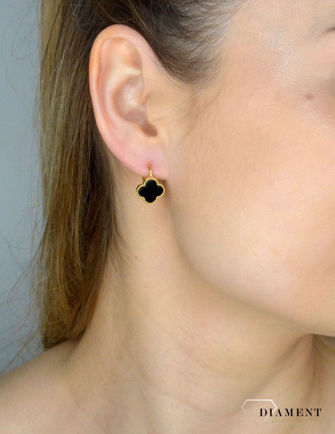 Srebrne kolczyki 925 pozłacane koniczyny z onyksem JMAS7043XE00. Srebrne kolczyki damskie koniczynki.jpg