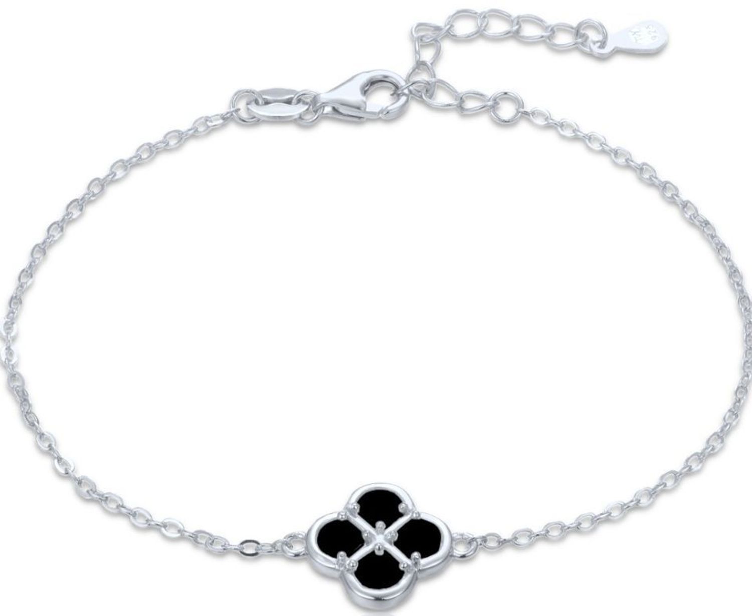 MINET srebrna bransoletka z koniczyną i czarną masą perłową. Rodowane srebro Ag 925, subtelna i elegancka biżuteria na co dzień i na specjalne okazje.1.jpg