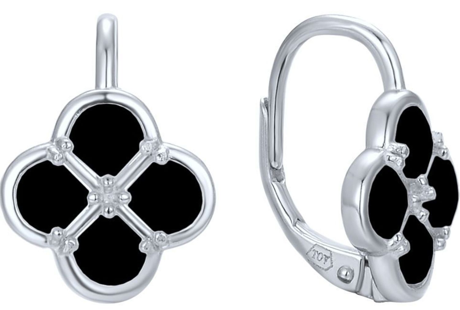 MINET srebrne kolczyki koniczyna z czarną masą perłową, rodowane Ag 925. Delikatna i elegancka biżuteria idealna na co dzień i na specjalne okazje.1.jpg