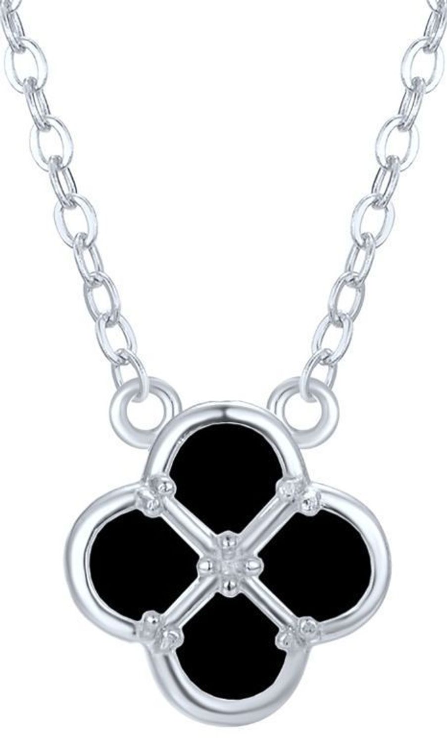 MINET srebrny naszyjnik z zawieszką w kształcie koniczyny. Czarna masa perłowa, rodowane srebro Ag 925, długość 50 cm. Stylowy i symboliczny dodatek.1.jpg