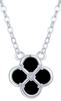 MINET srebrny naszyjnik z zawieszką w kształcie koniczyny. Czarna masa perłowa, rodowane srebro Ag 925, długość 50 cm. Stylowy i symboliczny dodatek.1.jpg