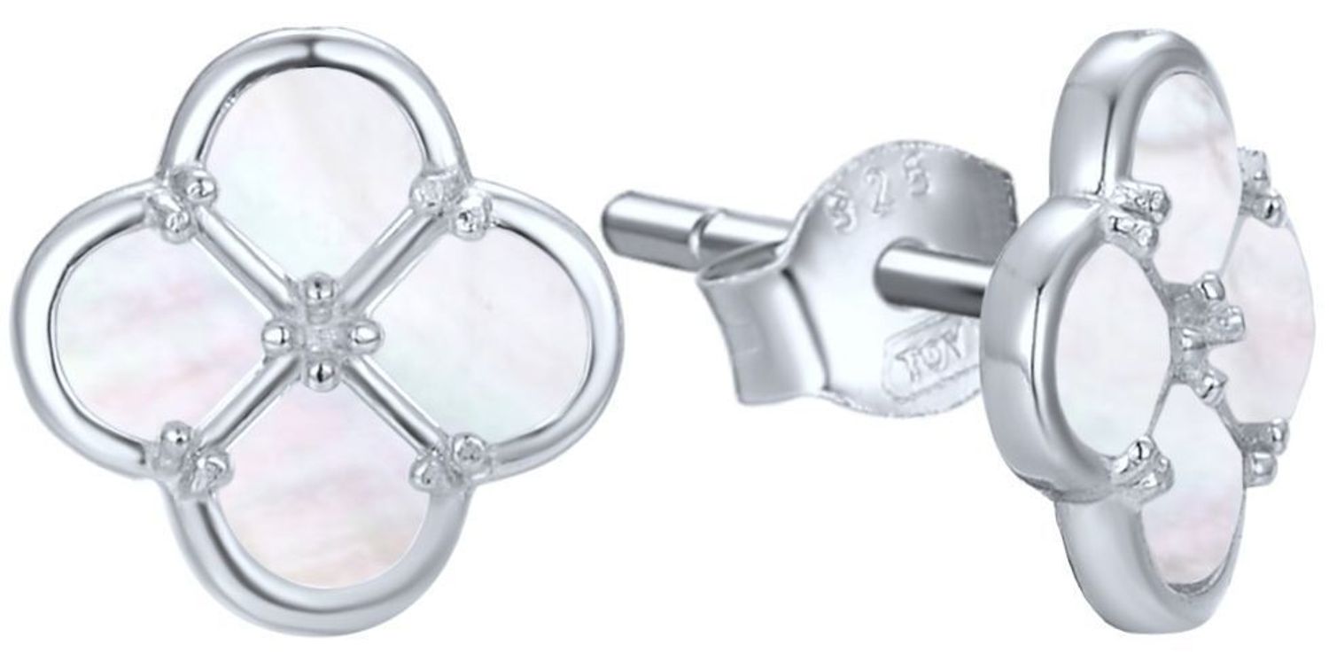 Kolczyki MINET w kształcie koniczynki z białą masą perłową, wykonane z rodowanego srebra próby 925. Eleganckie, subtelne i kobiece – idealne na prezent i wyjątkowe okazje.1.jpg