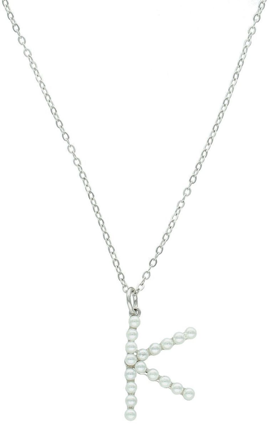 Elegancki naszyjnik damski srebrny próba 925 z literką K, zdobioną perełkami. Personalizowany dodatek na prezent. Długość naszyjnika 42 cm + 3 cm, waga 2,45 g.1.jpg