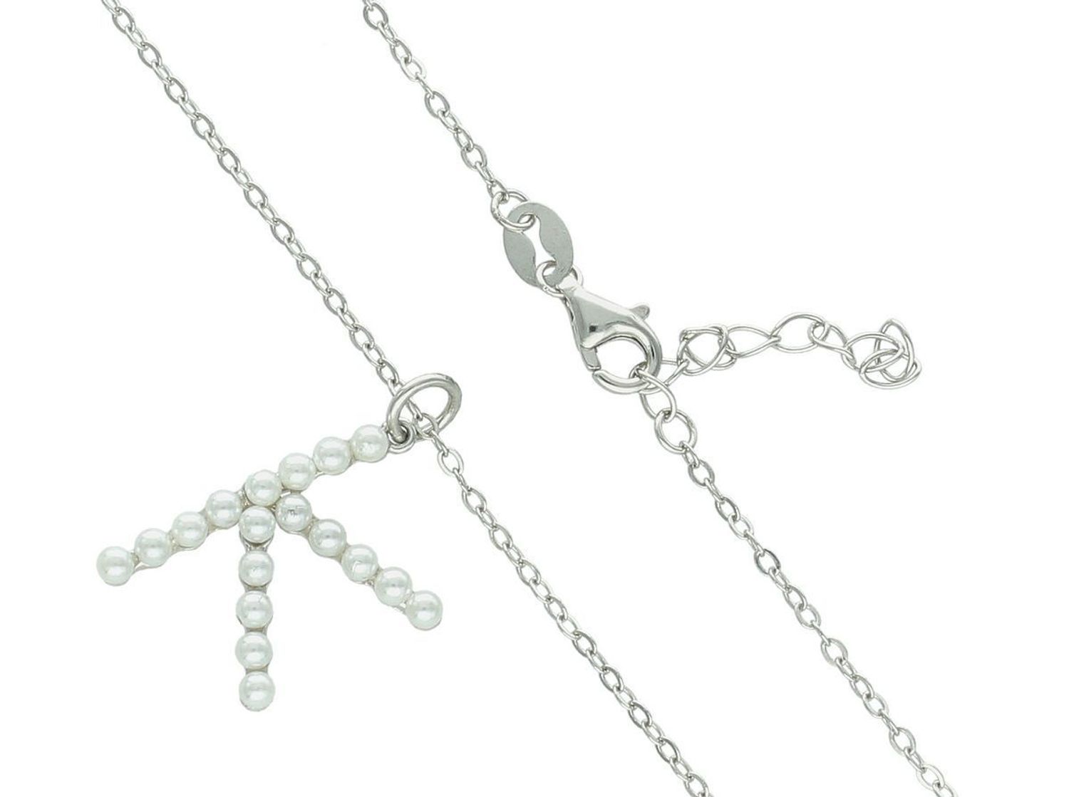 Elegancki naszyjnik damski srebrny próba 925 z literką K, zdobioną perełkami. Personalizowany dodatek na prezent. Długość naszyjnika 42 cm + 3 cm, waga 2,45 g.1.jpg