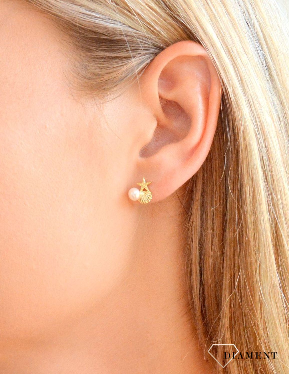 Srebrne kolczyki damskie 925 pozłacane wkrętki z perełką muszelka gwiazdka JMAS8057GE00.jpg