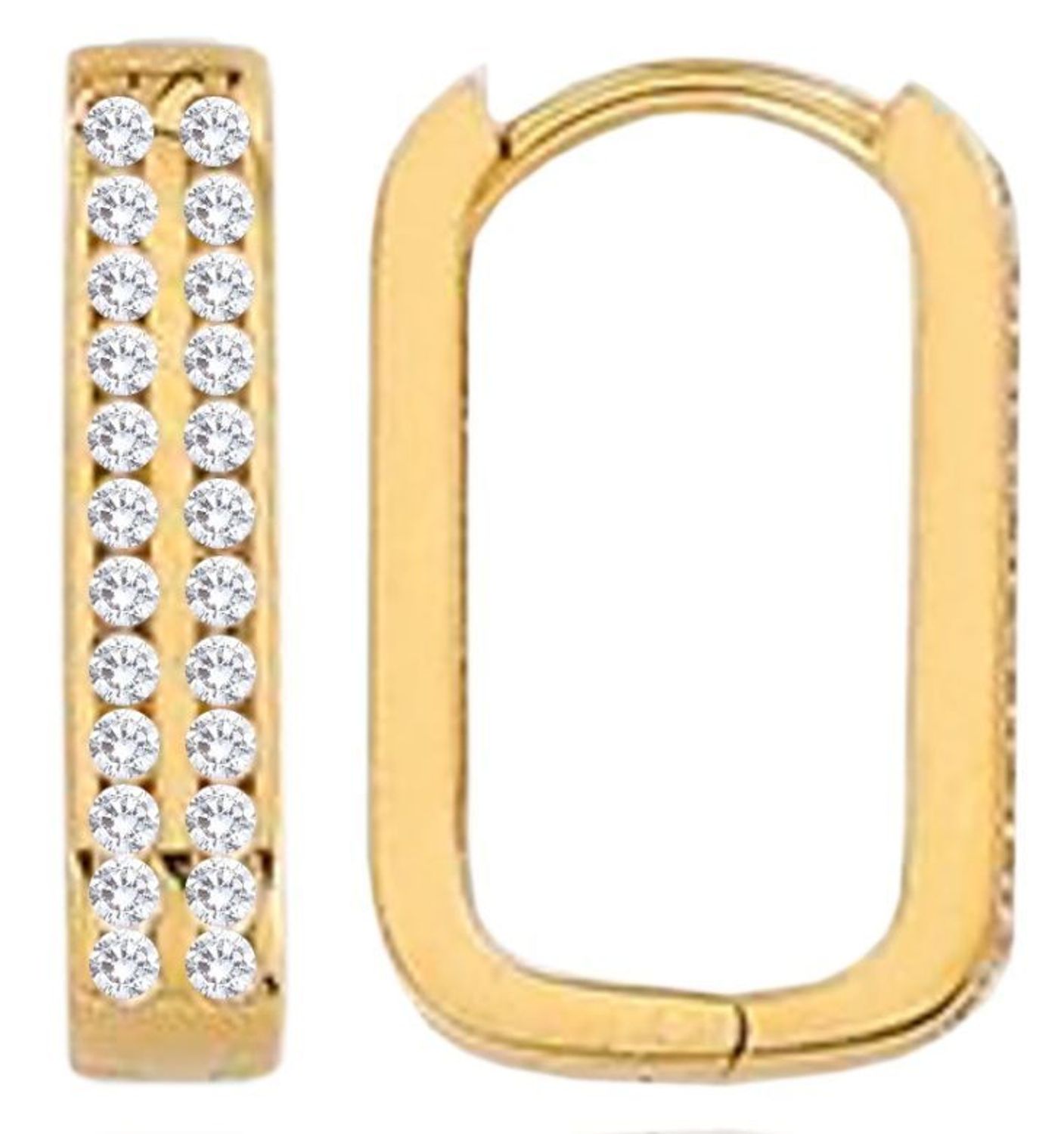 Złote kolczyki próby 585 o prostokątnym kształcie, zdobione cyrkoniami. Wymiary 1,4 cm x 3 mm, waga 2,00 g, zapięcie na zatrzask. Stylowy wybór na każdą okazję.1.jpg