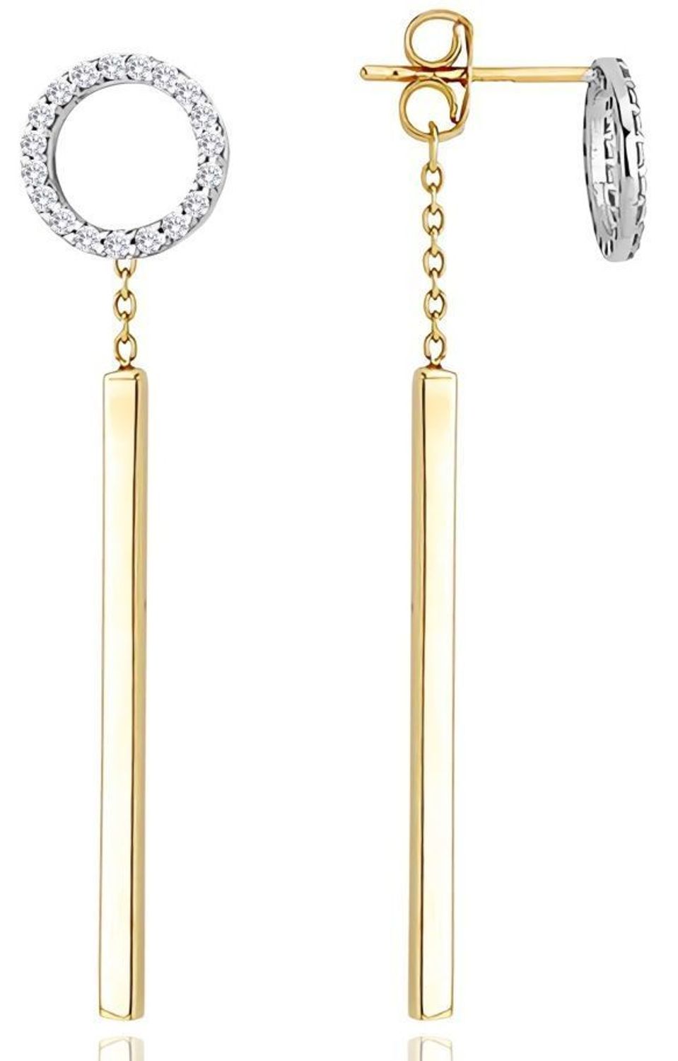 Kolczyki złote patyczki próba 585, JMG0056WGE00 Stylowe kolczyki wykonane z wysokiej jakości złota próby 585. Kolczyki mają podłużny kształt, ozdobione kółeczkiem z cyrkonią w kolorze białym..jpg