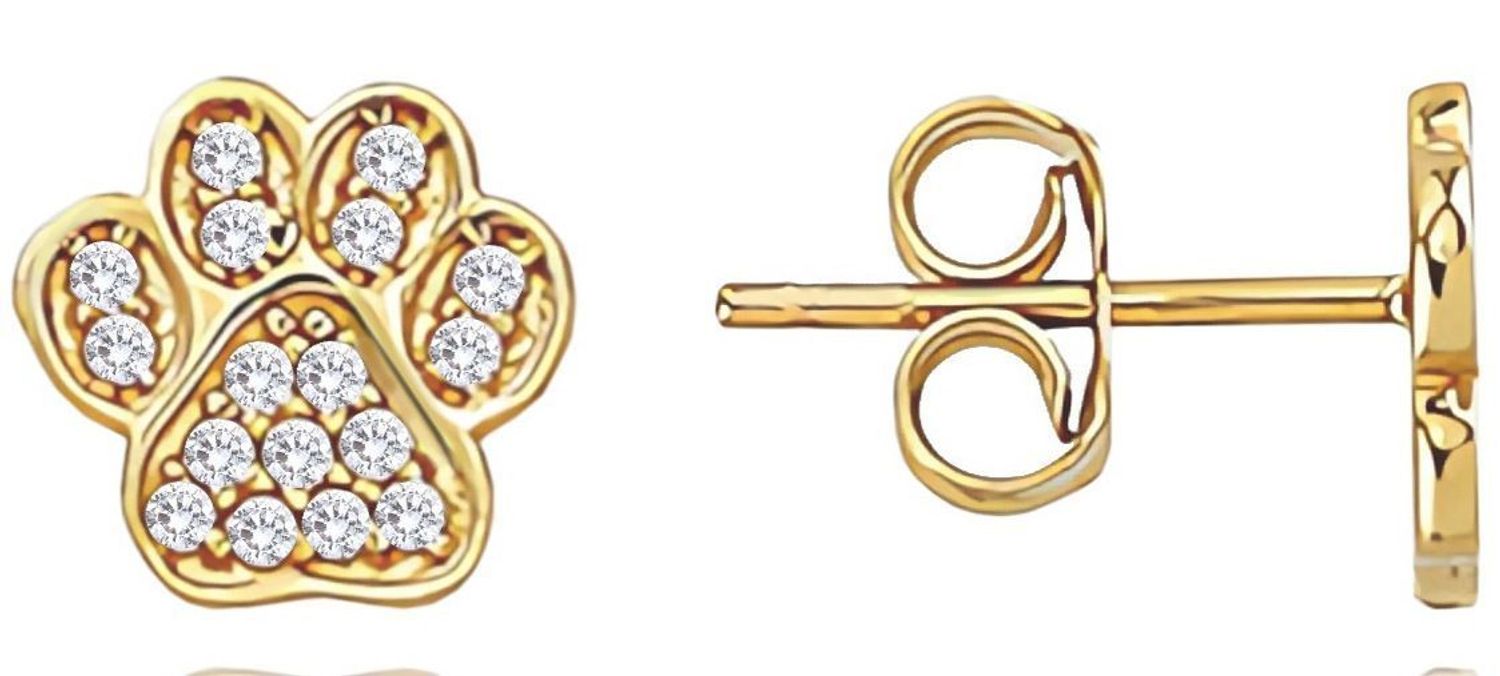 Złote kolczyki 585 w kształcie łapki psa z białymi cyrkoniami. Delikatne, urocze i idealne na prezent. Zapięcie na sztyft, rozmiar 8 mm, waga 1,15 g.1.jpg