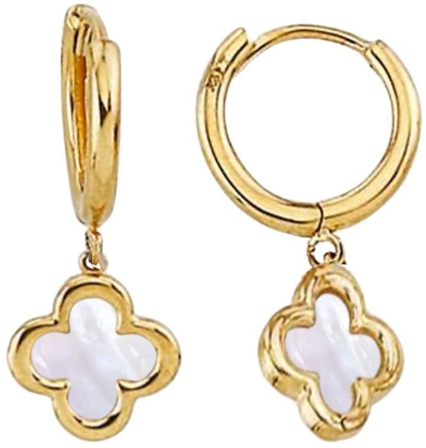 Kolczyki złote kółka koniczynka próba 585, JMG0143WGE00 Stylowe kolczyki wykonane z wysokiej jakości złota próby 585. Kolczyki mają podłużny kształt, ozdobione masą perłową.jpg