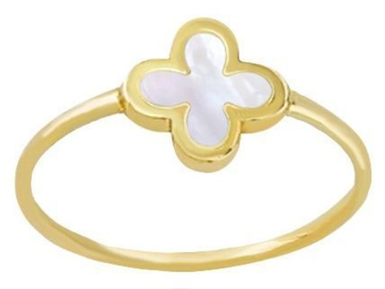 Złoty pierścionek damski Au 585 ozdobiony koniczynką z masy perłowej. Lekka forma, szerokość szyny 1 mm, waga 1,10 g. Idealny prezent pełen symboliki.1.jpg