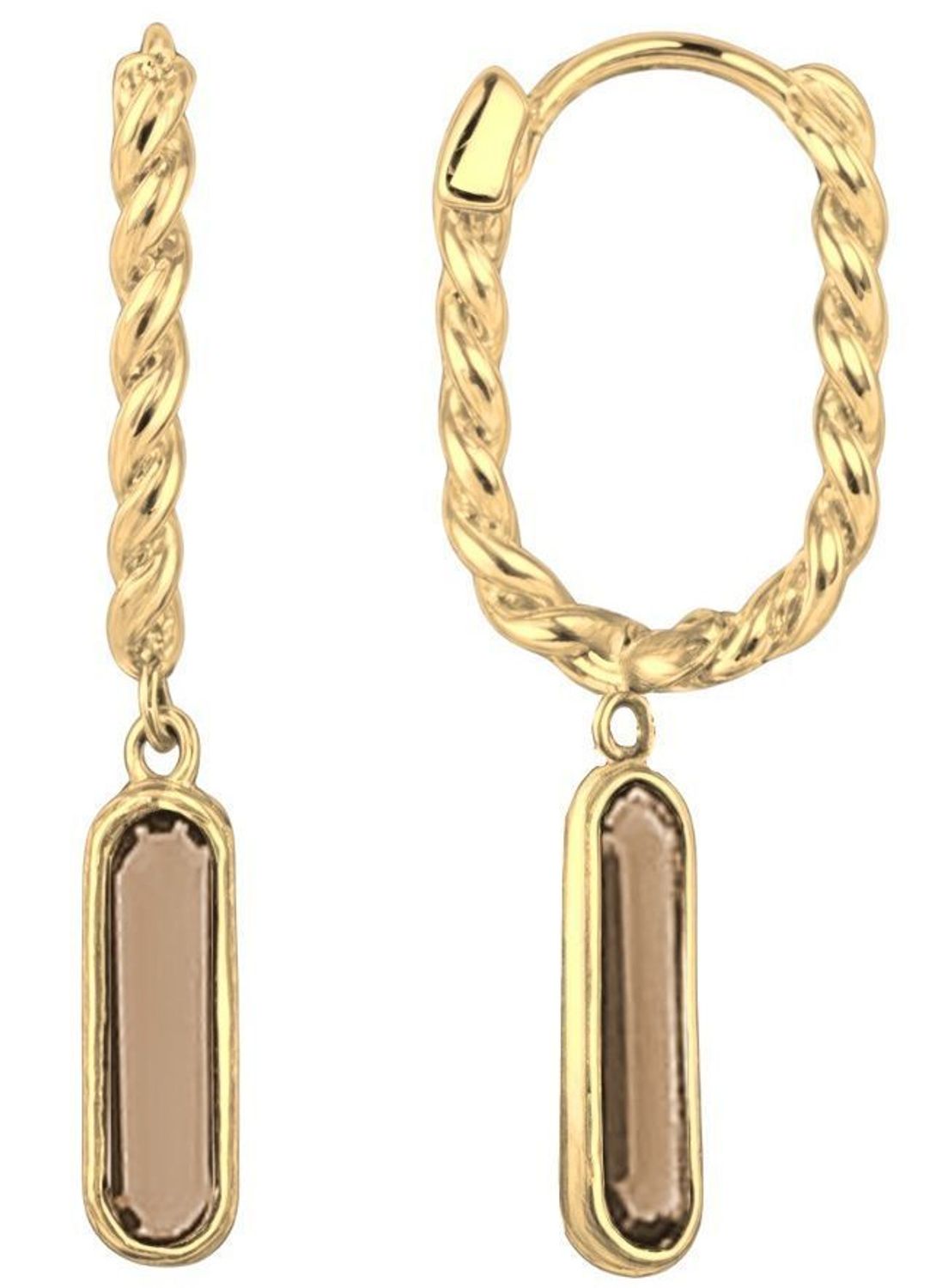 Wiszące złote kolczyki próby 585 z prostokątnym brązowym kamieniem ozdobnym. Zapięcie na zatrzask, długość 2,8 cm, waga 2,40 g. Elegancja z nutą koloru.1.jpg