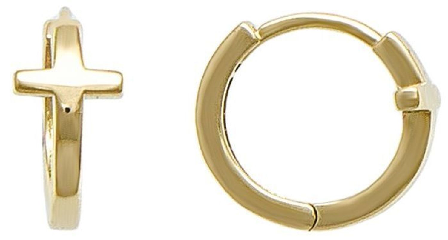 Złote kolczyki damskie próby 585 – kółka z elementem krzyża. Gładkie wykończenie, zapięcie na zatrzask, długość 1,5 cm, waga 2,15 g. Eleganckie i symboliczne.1.jpg