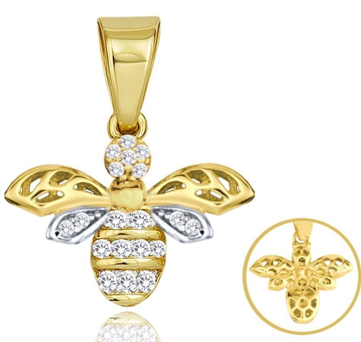 Złoty wisiorek pszczółka MINET wykonany z 14-karatowego złota (Au 585), zdobiony białymi cyrkoniami. Waga 1,25 g, szerokość 15 mm, wysokość 2 cm. Symboliczny i elegancki.1.jpg