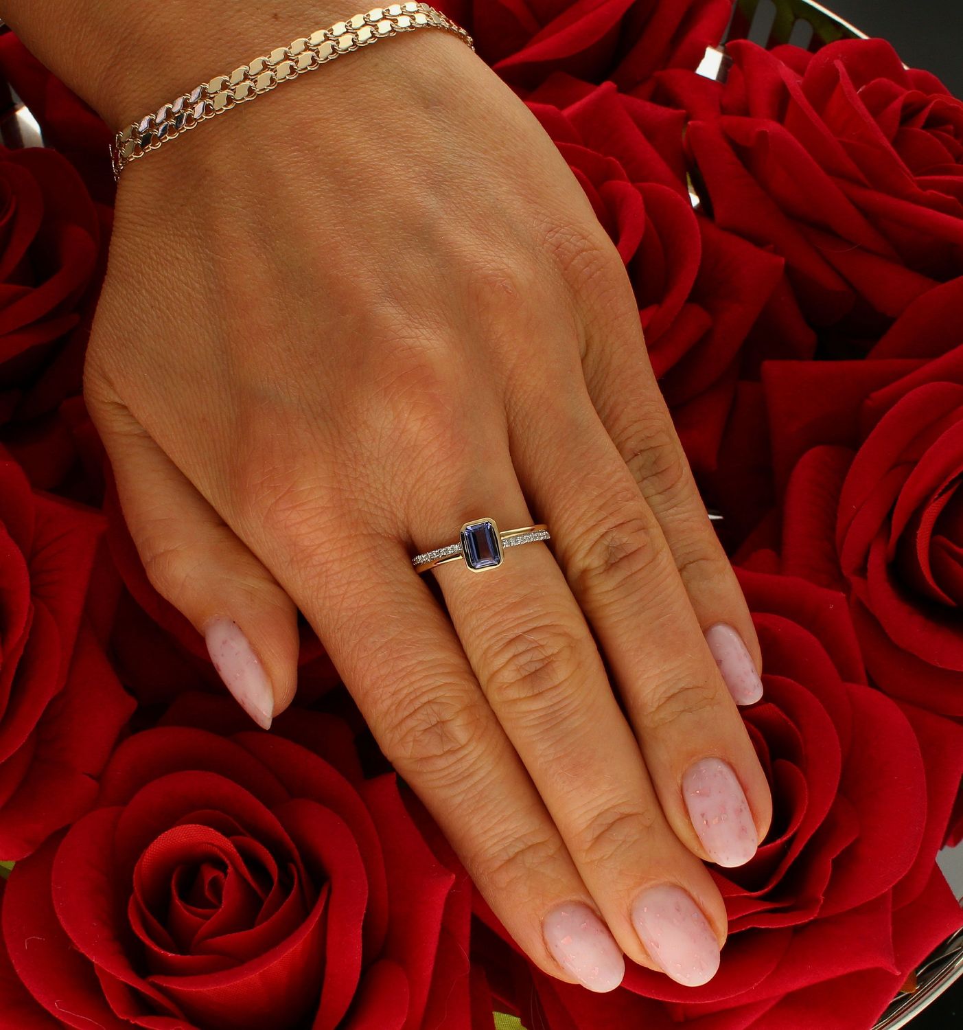 Pierścionek złoty Prostokątny Tanzanit i Diamenty 585 rozmiar 17 (1).jpg