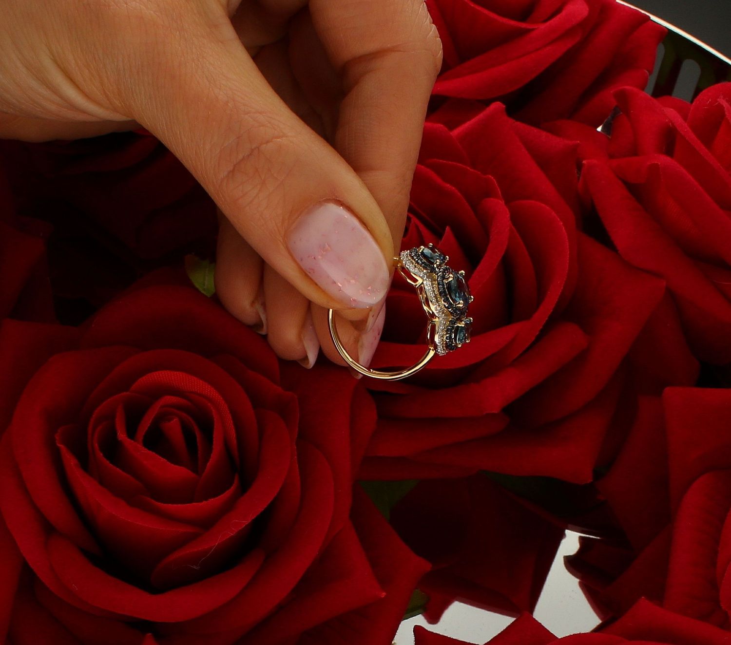 Pierścionek złoty Potrójny Topaz z Szafirami i Diamentami 585 rozmiar 17 (1).jpg