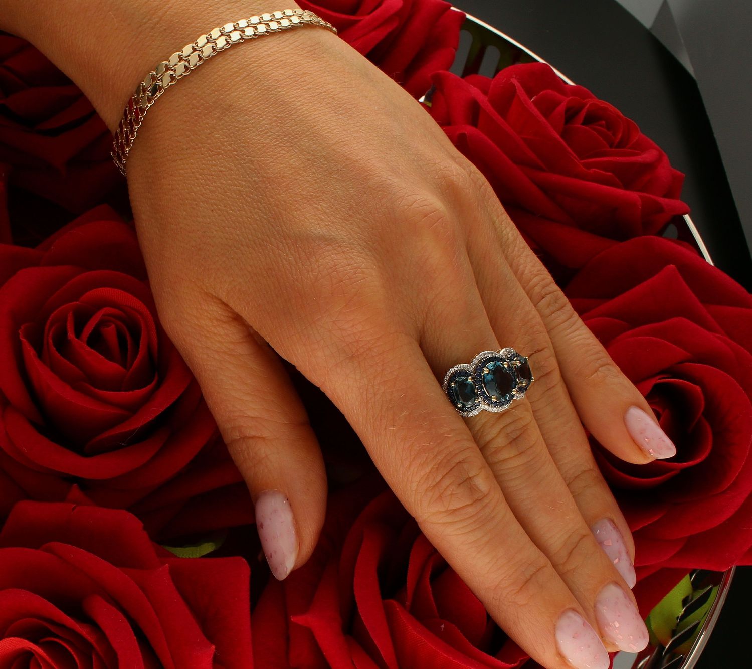 Pierścionek złoty Potrójny Topaz z Szafirami i Diamentami 585 rozmiar 17 (1).jpg