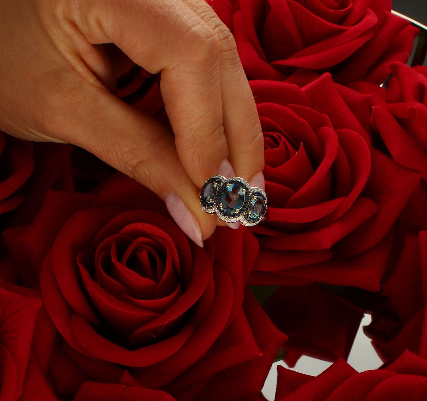 Pierścionek złoty Potrójny Topaz z Szafirami i Diamentami 585 rozmiar 17 (1).jpg