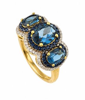 Pierścionek złoty Potrójny Topaz z Szafirami i Diamentami 585 rozmiar 17cz (2).jpg