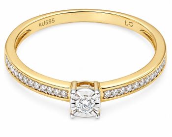 Subtelny złoty pierścionek JR20488Y próby 585 z naturalnym diamentem 0,04 ct GHSI. Rozmiar 16, ozdoba 3 mm, szyna 1 mm, idealny na prezent..jpg