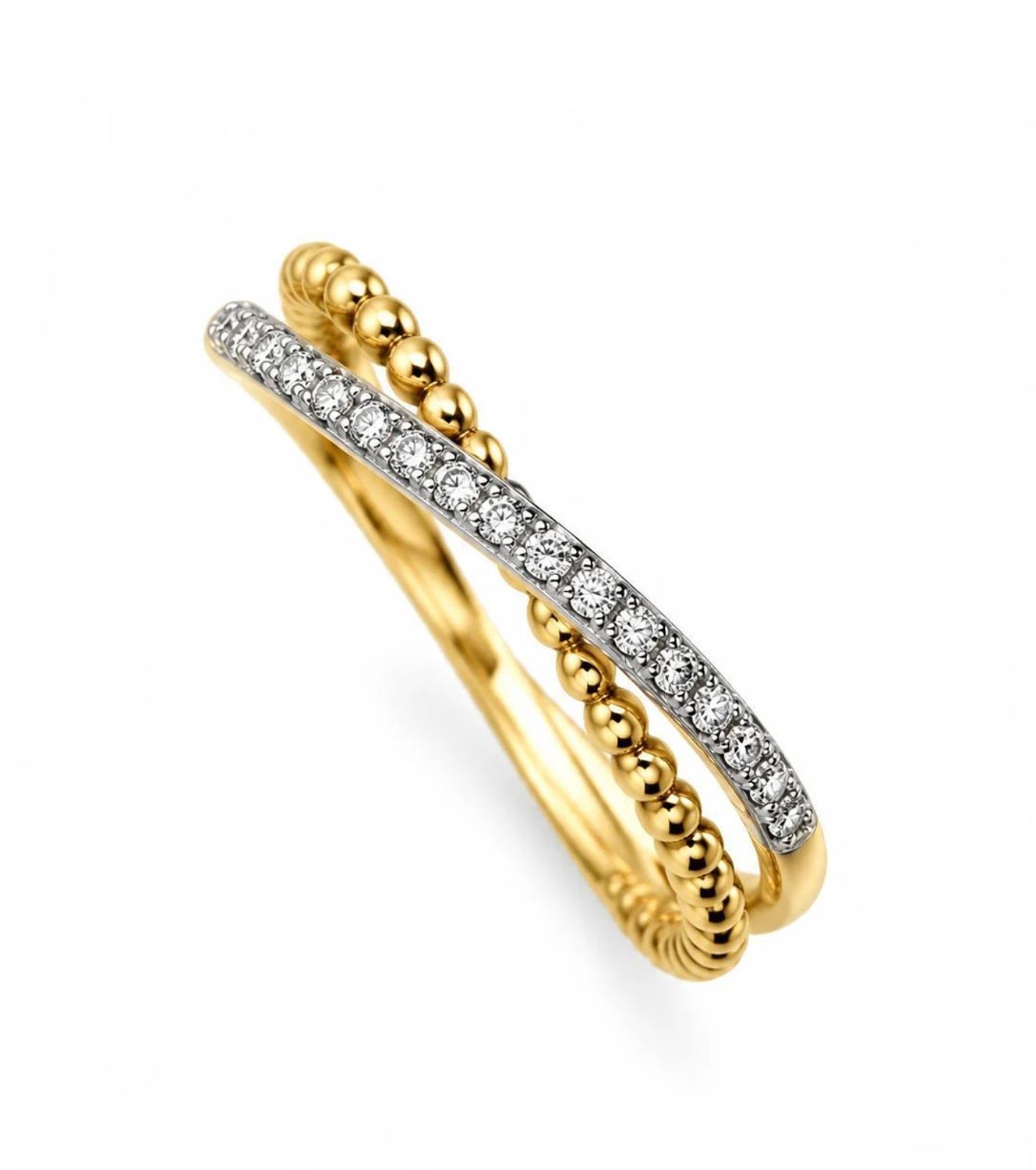 Złoty pierścionek 585 z 15 diamentami 0,07 ct i złotymi kuleczkami – rozmiar 16  (2).jpg