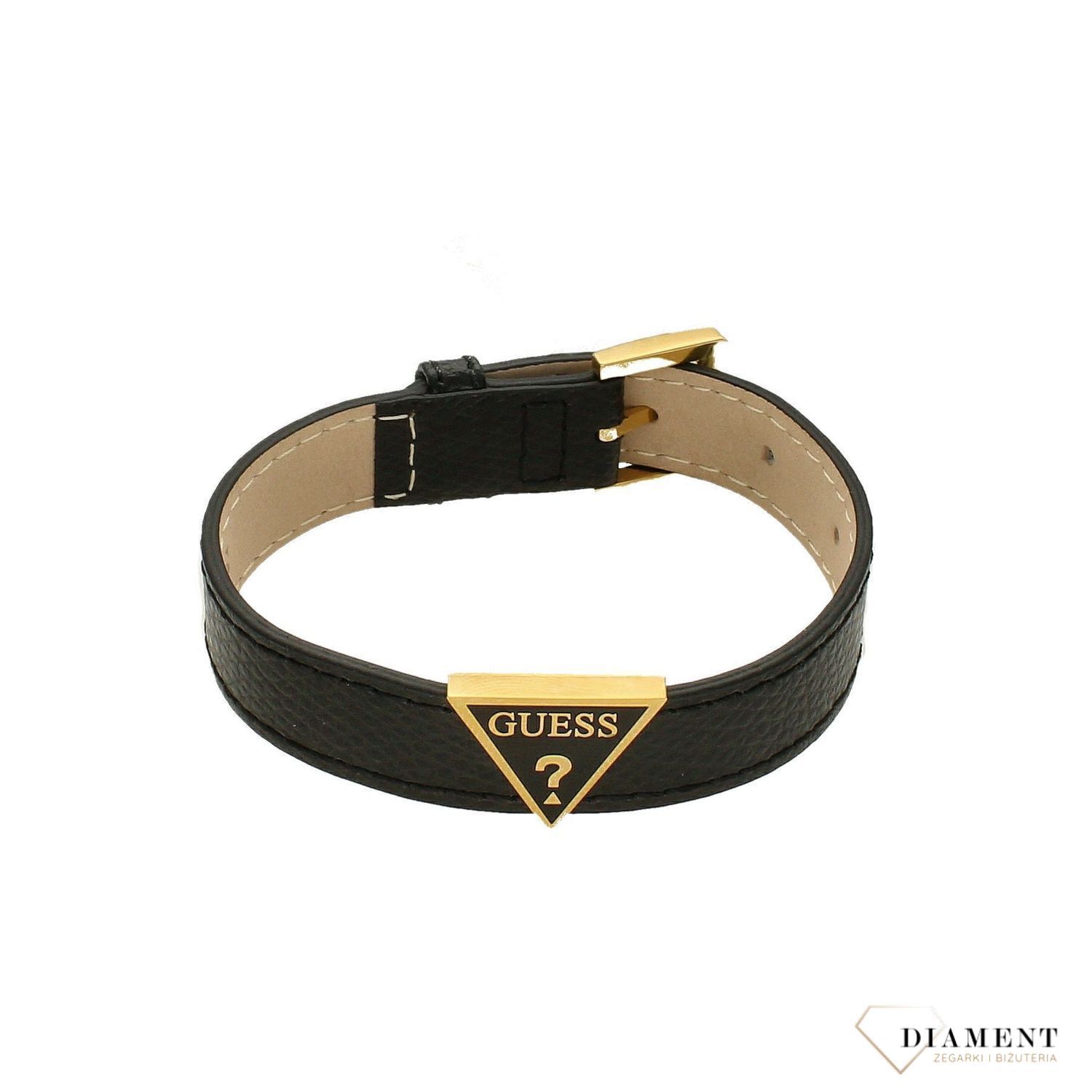 Bransoletka GUESS czarna skóra z logiem JUBB01495JWYGBK. Bransoletka GUESS skórzany pasek ze stalowym zapięciem w kolorze złotym. Bransoletka  Guess w kolorze czarnym ze złotym elementem ozdobnym.webp